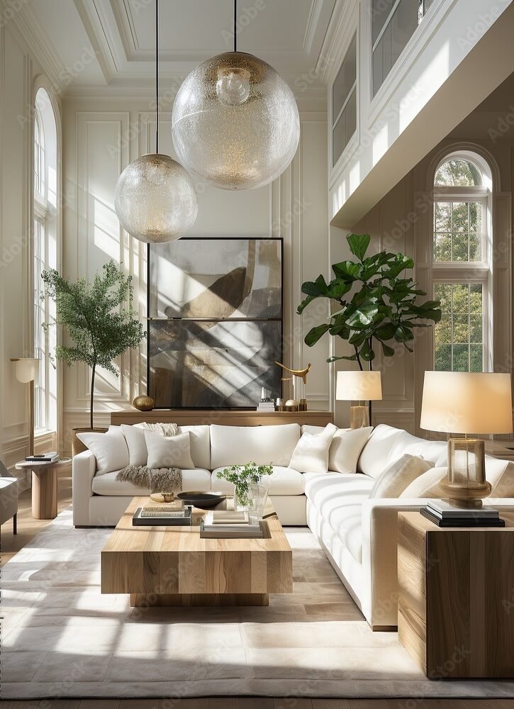 This minimalistic living room, featuring a cozy wooden couch, a modern table, an indoor plant, and other elegant furniture, creates a warm and inviting atmosphere that is perfect for both entertainin